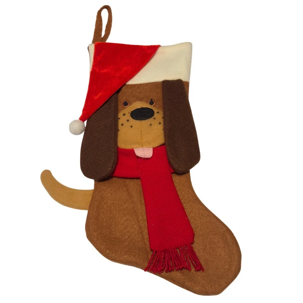Star Plus Creation LTD Brown Dog Christmas‎ Stocking Red Santa Hat Scarf Felt